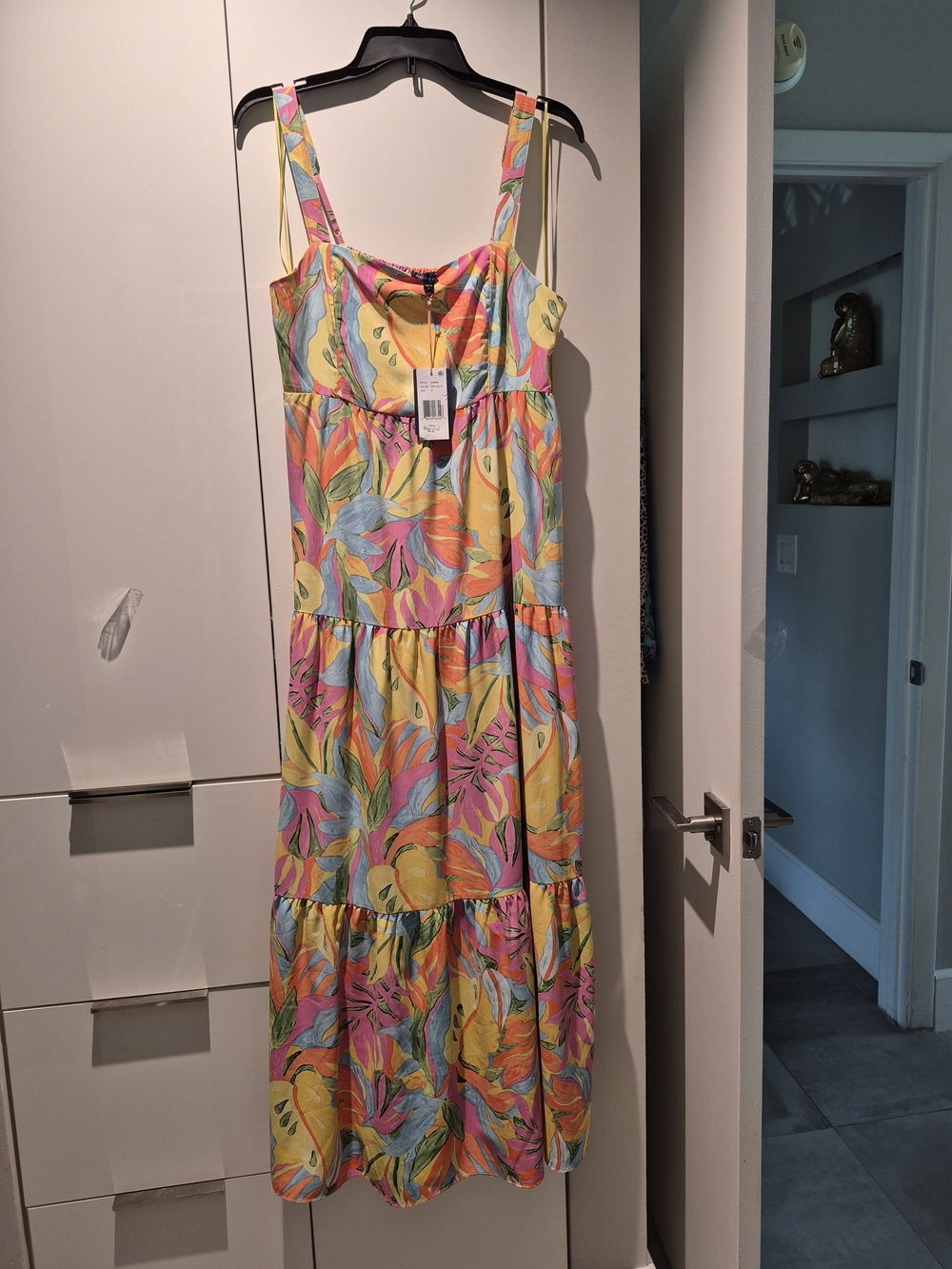 Skies Are Blue Girls' Tropical Print Tiered Dress - Yellow, Pink, Blue